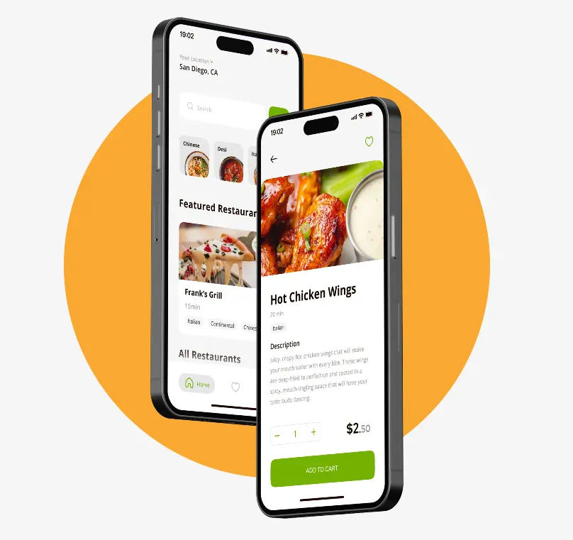 Hungry Hop mobile app showing restaurants and food ordering